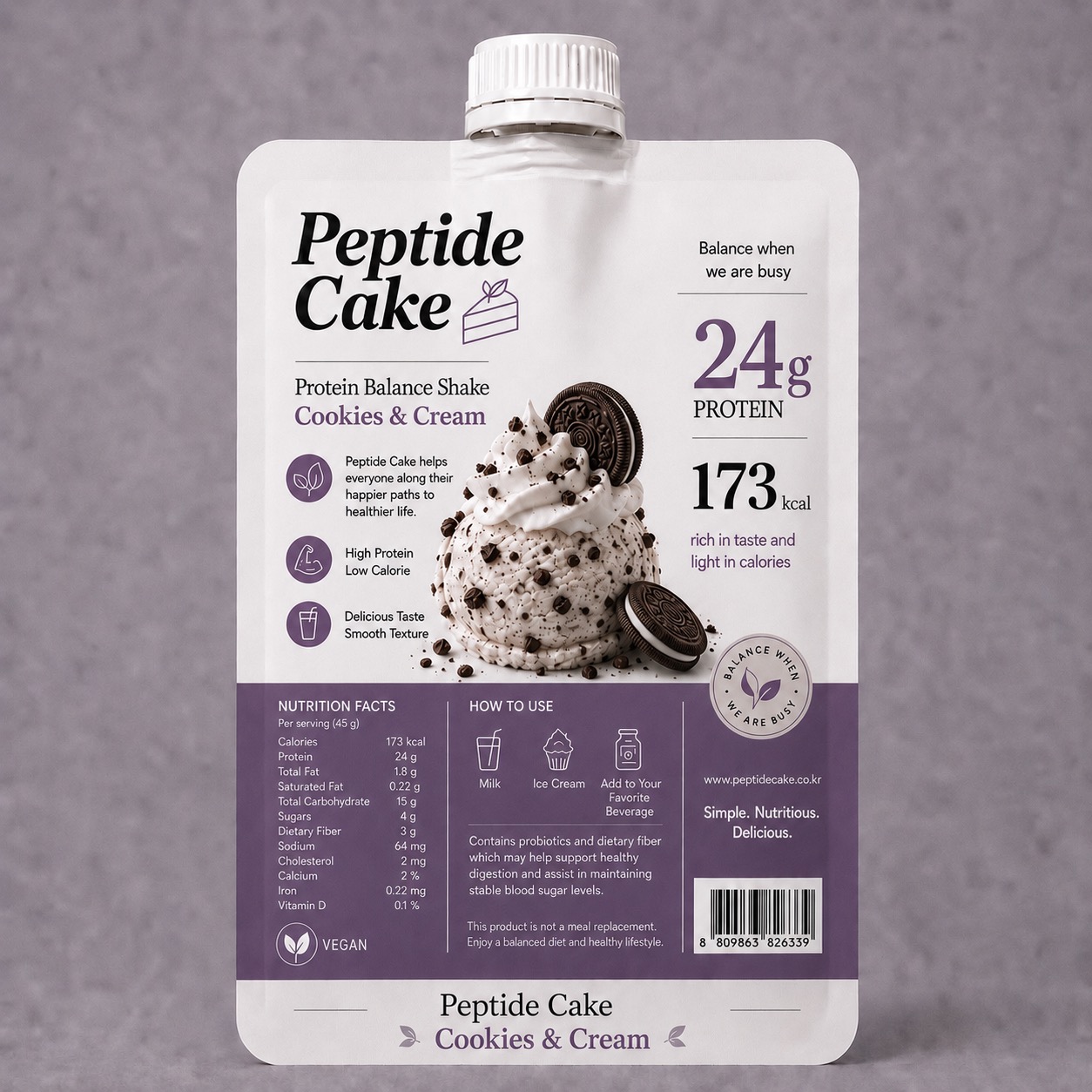 Peptide Cake Cookies & Cream crunchy protein balance shake pouch, made in Korea